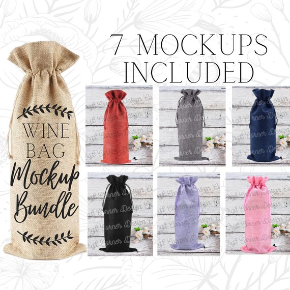 Wine Bag Mockup Bundle, Burlap Wine Bag Mockups, Red, Burlap, Black, Pink, Light Purple, Navy, Grey, Multiple Wine Bag Colors