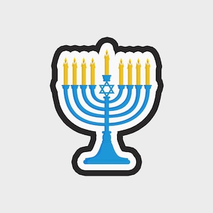 May include: A blue and yellow menorah illustration with a black outline. The menorah has nine candle holders, with lit yellow candles. A Star of David is in the center. The design is on a white background.