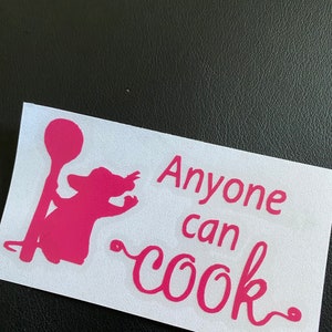 May include: Pink vinyl sticker with a silhouette of a rat holding a spoon and the text "Anyone can cook."