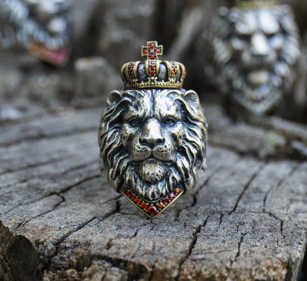 Crown Lion Ring S925 Solid Sterling Silver Men Ring Majestic Lion Ring