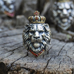 Crown Lion Ring S925 Solid Sterling Silver Men Ring Majestic Lion Ring Animal Head Cat Ring Zodiac Gift Lebron James NBA Fans Jewelry