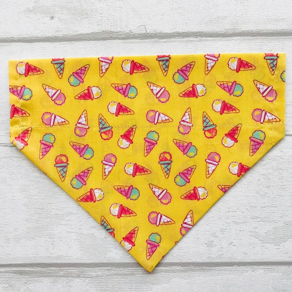 Dog Bandana, Ice Creams on Yellow Design, Slips Over the Collar, Sizes S/M/L/XL