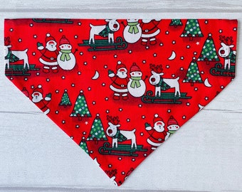 Christmas Dog Bandana, Waving Santa on Red Design, Slips Over the Collar, Sizes S/M/L/XL