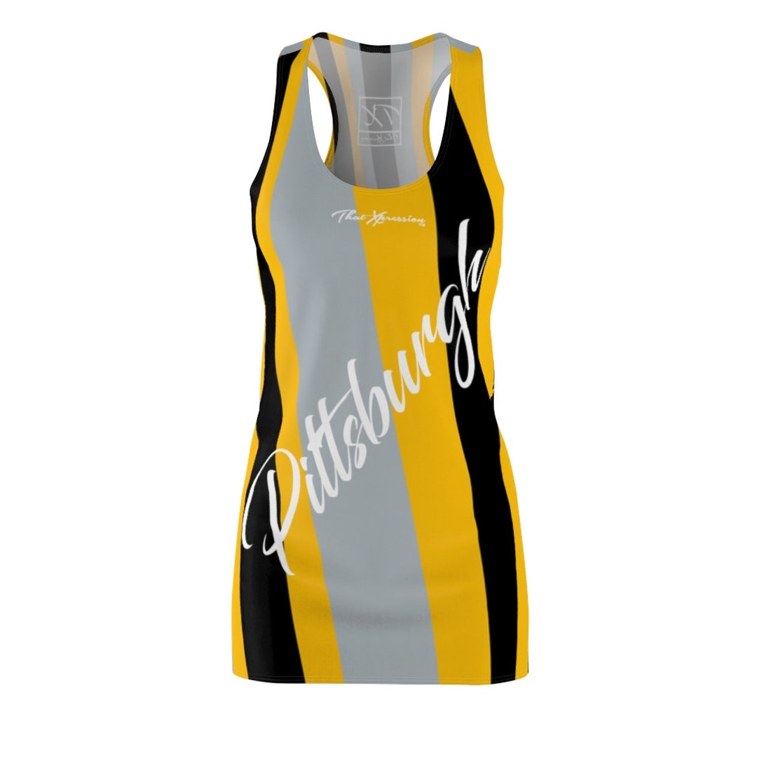ThatXpression Fashion Black Yellow Gray Enlarged Pittsburgh Striped Racerback Dress