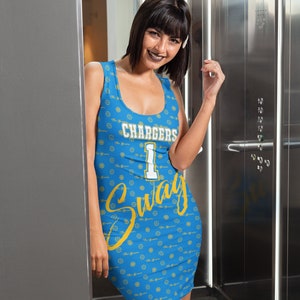 chargers jersey dress Women's Gameday Couture White/Gray Los Angeles Chargers Bling It Full Sequin Jersey Dress