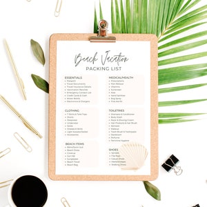 Beach Vacation Packing List, Travel Checklist, Digital Download, Printable, Blank Template, Vacation Planning, PDF