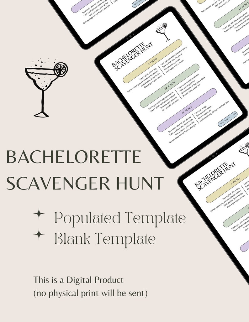 Bachelorette Scavenger Hunt Bar Crawl Game White/Cream, Digital Download, Printable, Blank Template, Wedding, Bridesmaid image 2