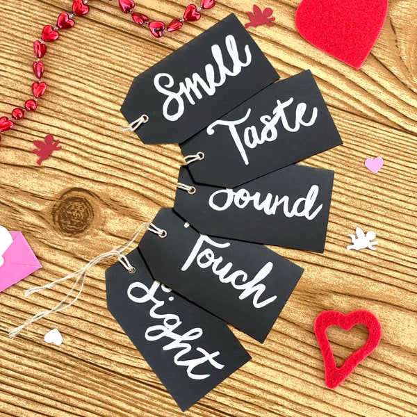 5 Senses Gift Tags - heavy black cardstock gift labels - Bag Tags - NEXT DAY SHIPPING available! Set of 5 for Anniversary, Valentine's Day