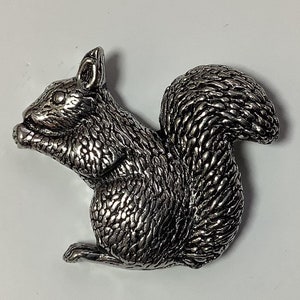May include: A silver-toned squirrel figurine with a detailed textured finish. The squirrel is sitting on its haunches with its tail curled up behind it.
