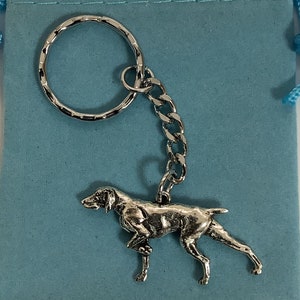 May include: A silver German Shorthaired Pointer keyring with a silver chain and ring. The keyring is in a light blue velvet pouch.