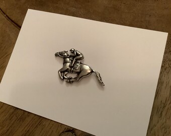 Cool Silver Pewter Race Horse & Jockey Pin Badge - Vintage Style Collectors Accessory