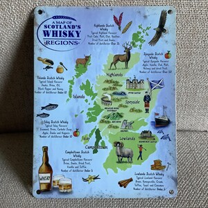 Eine Karte der Whisky-Regionen Schottlands - Wandbehang aus Metall im Vintage-Stil