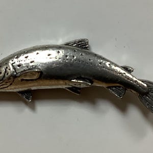 Puede incluir: Una escultura de metal de color plateado de un pez salmón. El pez está detallado con escamas y aletas.