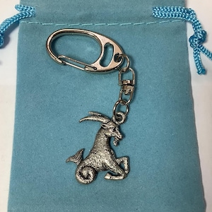 Könnte beinhalten: Ein silberfarbener Schlüsselanhänger mit dem Sternzeichen Steinbock, einem silbernen geteilten Ring und einem blauen Samtbeutel mit Kordelzug.