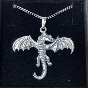 Peut inclure: Un collier avec un pendentif en argent en forme de dragon. Le dragon est en position de vol, les ailes déployées. Le collier est sur une chaîne en argent.