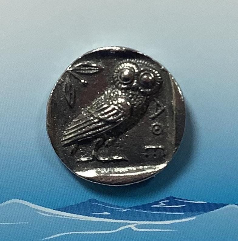 Greek Owl Coin Silver Pewter Pin Badge (W)