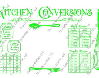 May include: Green kitchen conversion chart with measurements for cups, quarts, gallons, tablespoons, and teaspoons. The chart includes instructions for halving and doubling recipes. The chart is surrounded by a spoon, fork, and whisk.
