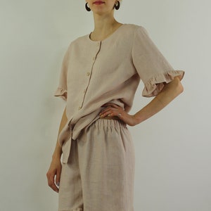 Linen Pajama, size S-M, ready to ship, Linen bluoses plus shorts, pajama set, linen sleepwear set, pajama set, homewear, clothing for home