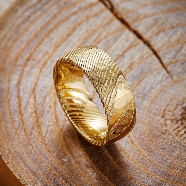 Hammered Damascus Gold Ring Etsy