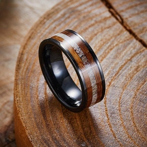 Whiskey Barrel Deer Antler Black Tungsten Ring, Whiskey Barrel Wedding Band, Deer Antler Tungsten Ring, Wooden Ring, Anniversary Ring