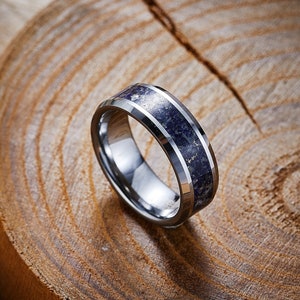 Blauwe lapis lazuli-ring, zilveren wolfraamring, mannen vrouwen bruiloft, unieke ring, lapis lazuli edelsteen ingelegd beloftering, damesring heren