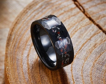Dinosaur Bone Meteorite  Ring, Black Hammered Tungsten Ring, Meteorite Ring, Engagement Ring, Mens Anniversary Ring，Gift for Him