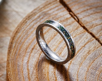 4mm Silver Damascus Wedding Band, Crushed Opal Ring, Women Men Damascus Ring, Opal Engagement Ring, Promise Ring, Anniversary Gift