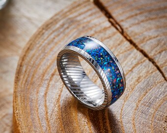 Damascus Steel Wedding Band, Blue Galaxy Opal Inlay Silver Ring, Men & Women Engagement Ring, Unique Damascus Ring, Anniversary Ring