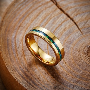 Gold Tungsten Carbide Ring, Opal Inlay Wedding Band, 6mm Crushed Green Opal Ring, Mens Wedding Band, Promise Ring, Gift for Him