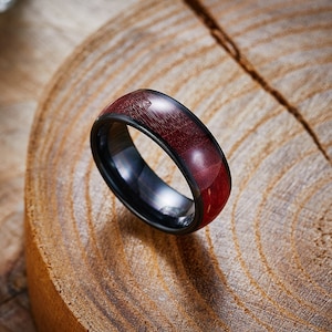 Red Burl Wood Tungsten Ring, Red Wood Wedding Ring, Black Wedding Band, Mens Wooden Ring, Anniversary Ring, Engagement Ring, Promise Ring