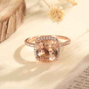 Cushion Morganite Ring-  14K Rose Gold Ring- Halo Morganite Engagement Ring- Promise Ring- Peachy Pink Morganite- Anniversary Gift For Her