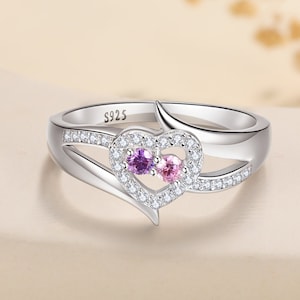 Personalized 925 Silver Ring, 2 Birthstones Custom Engraved Name Ring, Women Eternity Ring, Couples Valentines Day Ring, Mother&#39;s Day Gift