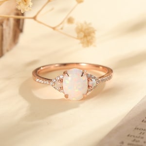 White Opal Engagement Ring, Rose Gold Women Ring, Art Deco Stacking Band, Oval Cut Bridal Ring, Unique Diamond Wedding Band,Anniversary Ring