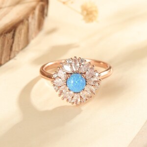 Blue Opal Engagement Ring Vintage Rose Gold Wedding Ring Unique Anniversary Gift Round Blue Fire Opal Cubic Zirconia Promise Ring