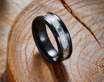 Men's Black Tungsten Ring, Spider Pattern Inlay Ring, Spider Glow Ring, Halloween Ring, Men Women Promise Ring, High Polished Handmade  Ring