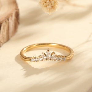 Curved Moissanite Wedding Band Marquise Shaped Gold Diamond  Wedding Band Women Chevron Matching Stacking Band Unique Anniversary Band