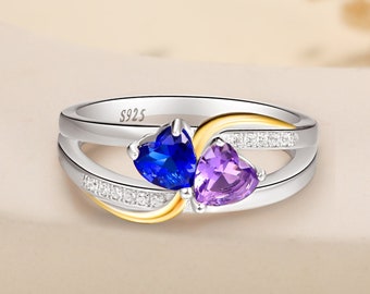 Dainty 2 Birthstone Ring, Custom Birthstone Jewelry, 925 Silver Women Ring, Cubic Zirconia Ring, Anniversary Ring, Personalized Gift for Her