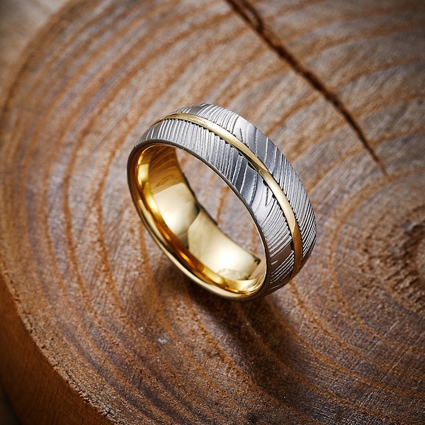 14K Gold Damascus Ring, Mens Wedding Band, 8mm Gold Groove Two Tone Damascus Steel Ring, Unique Wedding Band, Mens Yellow Gold Ring