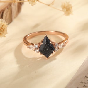 Blue Sandstone Ring Rose Gold Sterling Silver Unique Kite Cut Blue Sandstone Engagement Ring Marquise Cut Moissanite Bridal Anniversary Ring