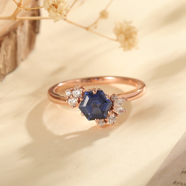 Hexagon Cut Blue Sapphire Rose Gold Engagement Ring September Birthstone Ring Art Deco Cluster Moissanite Ring Promise Bridal Wedding Ring
