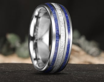 Lapis Lazuli and Imitated Meteorite Inlay Tungsten Carbide Ring, Silver Tungsten Wedding Band, Blue Lapis Lazuli Ring, Promise Ring for Him