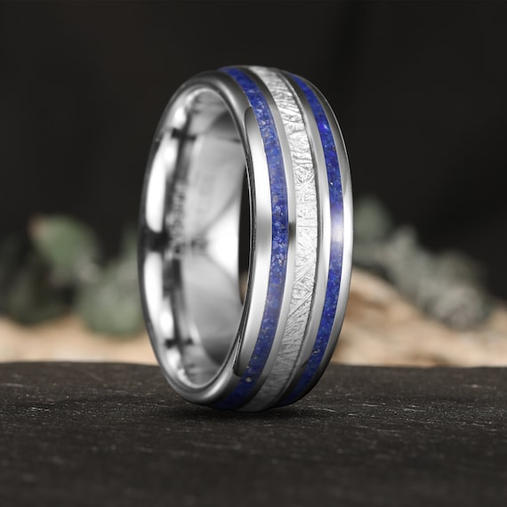 Lapis Lazuli and Imitated Meteorite Inlay Tungsten Carbide Ring, Silver Tungsten Wedding Band, Blue Lapis Lazuli Ring, Promise Ring for Him