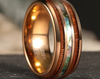 Anillo de madera de koa, anillos de tungsteno de oro rosa con incrustaciones de concha de abulón, anillo de madera de koa, banda de madera de koa de 8 mm, banda de tungsteno para hombre y mujer, anillo de tungsteno