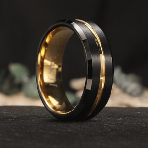 8mm Tungsten Carbide Ring, Black and Gold Wedding Band, Mens Black Tungsten Ring, Gold Groove Wedding Ring,Anniversary Ring, Engagement Ring