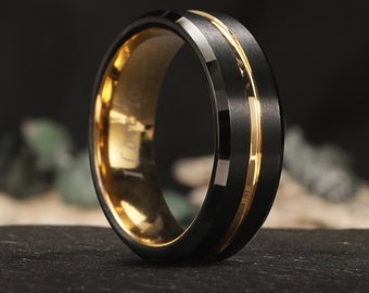 8mm Tungsten Carbide Ring, Black and Gold Wedding Band, Mens Black Tungsten Ring, Gold Groove Wedding Ring,Anniversary Ring, Engagement Ring