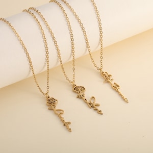 Custom Birth Flower Name Necklace, Personalized 18K Gold Plated Birth Month Flower Necklace, Dainty Floral Pendant, Custom Name Jewelry