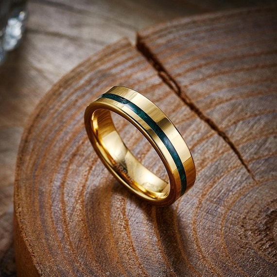 Malachite Tungsten Ring, Unique Gold Wedding Ring, Mens Wedding