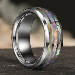 Abalone Ring with Lavender Purple Opal Wedding Band, Unique Abalone Shell Ring, Tungsten Wedding Band, Men&#39;s Anniversary Ring, Promise Ring