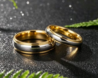 Alliance en or, argent et tungstène, anneau à bords étagés, bague bicolore pour homme et femme, alliance de couple, alliance gravée personnalisée, cadeau d'anniversaire