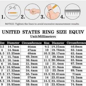 May include: A chart showing United States ring sizes in millimeters. The chart lists ring sizes from 3.5 to 15, with corresponding diameter and circumference measurements in millimeters.